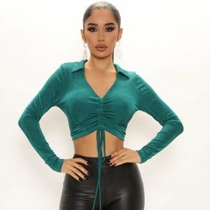 Fashionnova Emerald Collar Long Sleeve V Neck Top Ruched